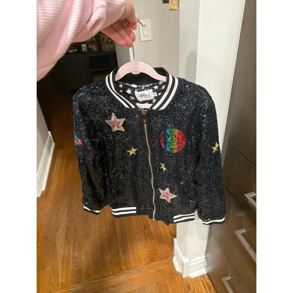 Lola + The Boys is a sequined bomber style black base smiley face girls 8